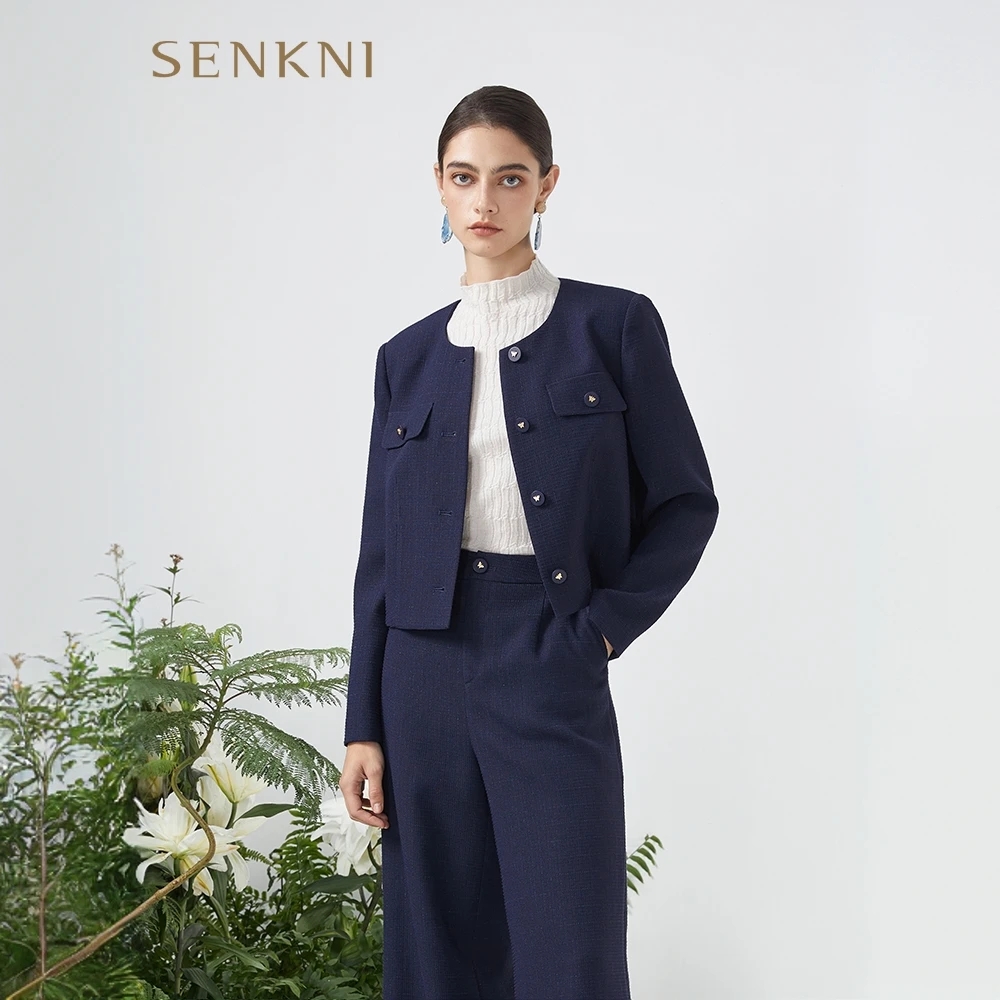 senkni/圣可尼气质复古通勤时尚截短式细格亮丝外套S102306OE-49