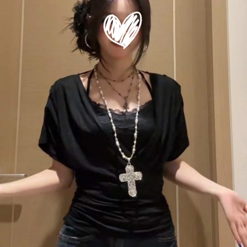 气质纯欲大领口领收腰设计感夏季新款蕾丝挂脖吊带修身女上衣潮