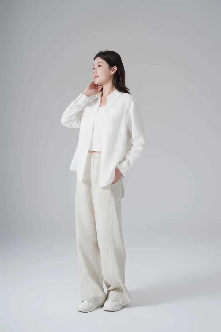 女士【100%亚麻】平纹白色衬衣气质短款时尚休闲宽松-YM010