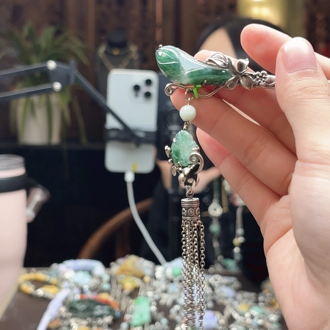 翡翠银S925镶嵌发簪发簪