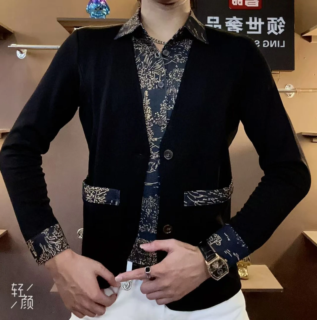 《黑锋金缕》秋季时尚潮流修身开衫假两件西装衬衫商务男士百搭长袖
