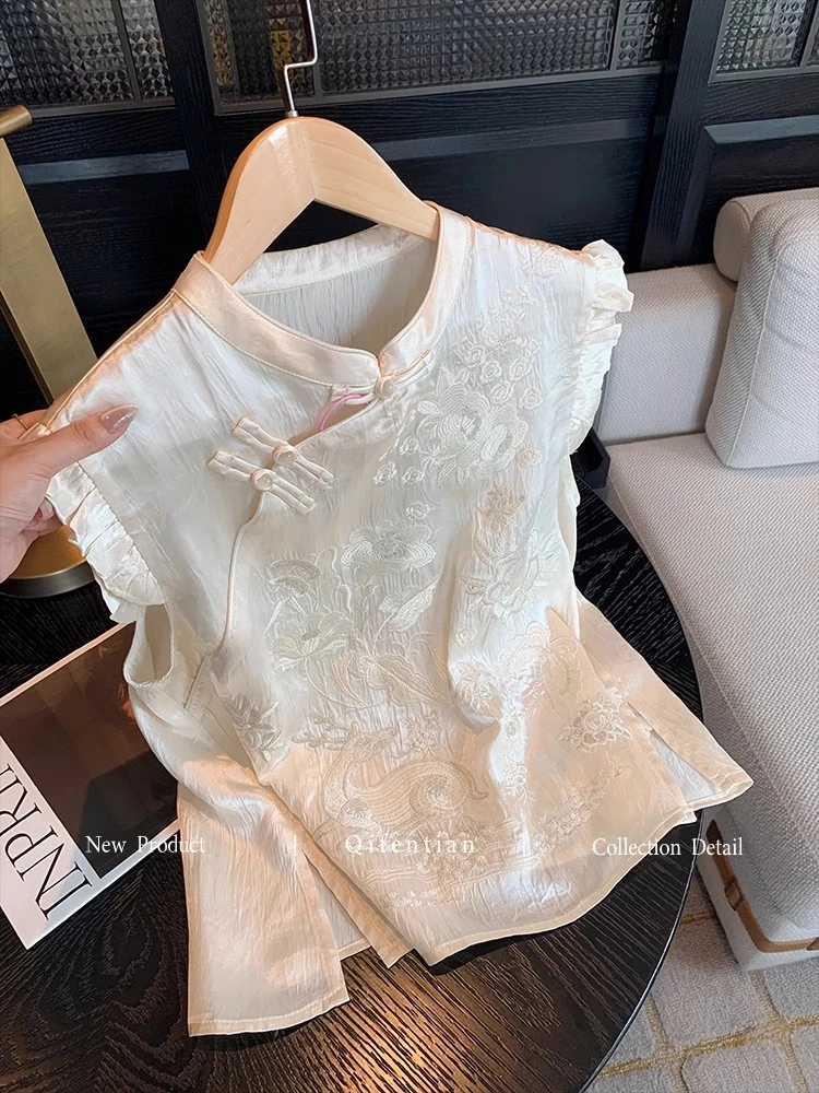 新中式重工刺绣醋酸缎面无袖上衣女夏季衬衫国风气质斜襟盘扣背心