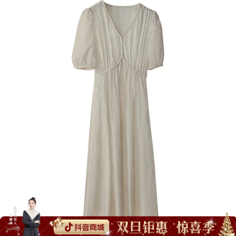 丝柏舍2025莱赛尔秋新款女装泡泡袖简约中长款V领连衣裙S52B1572L