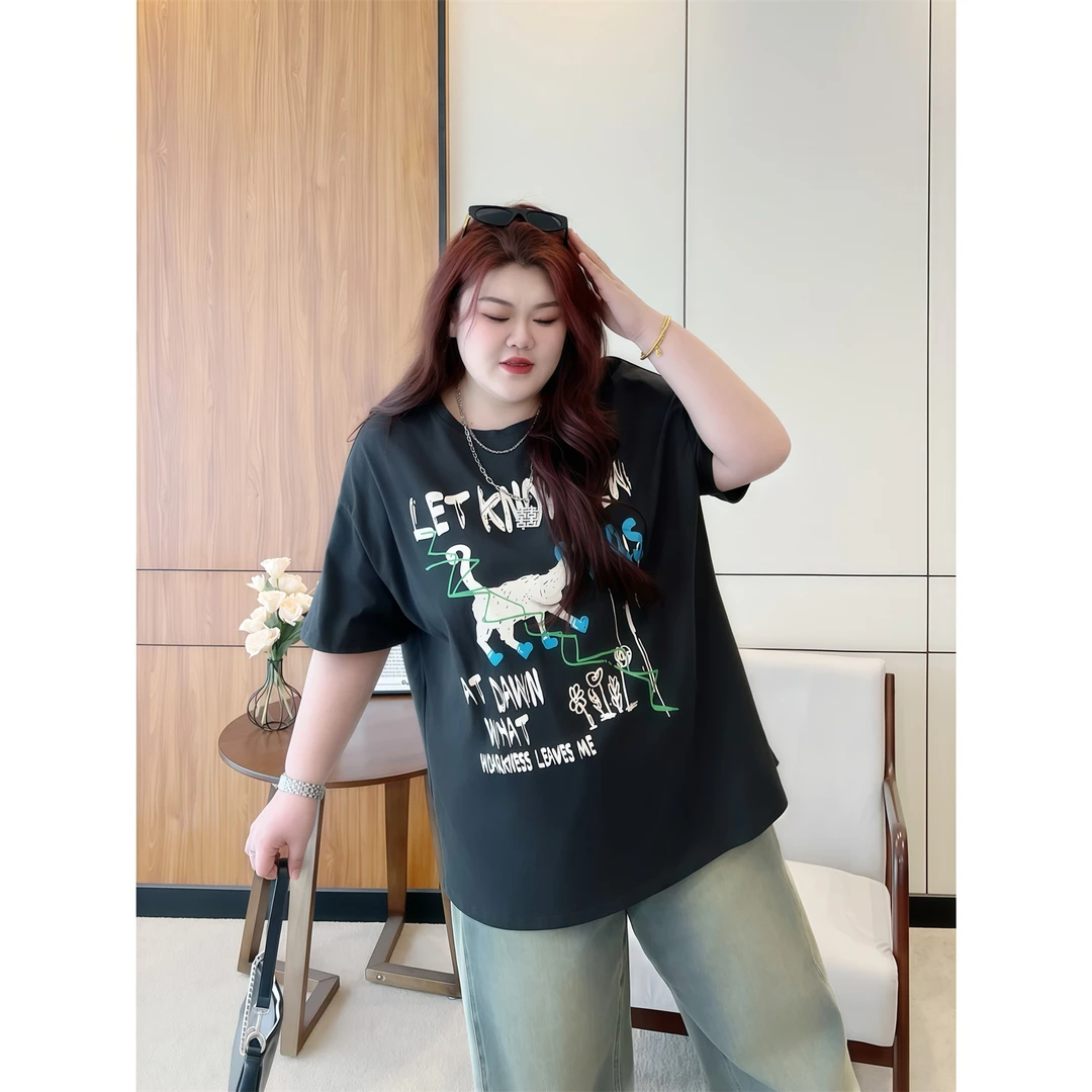 岩盐琥珀 / 印花涂鸦遮肉大版T恤14329胖mm200斤