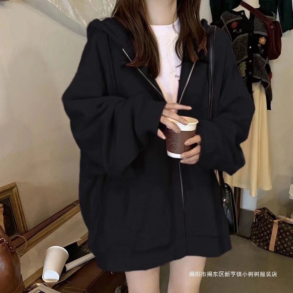 春秋新款黑色连帽卫衣女宽松慵懒风加绒chic小众上衣韩板外套
