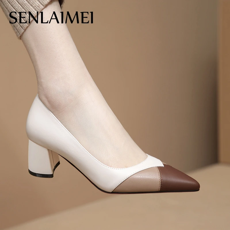 拼接尖头气质浅口皮鞋女/牛皮/33-41/3887粗跟中跟春季配裙子真皮