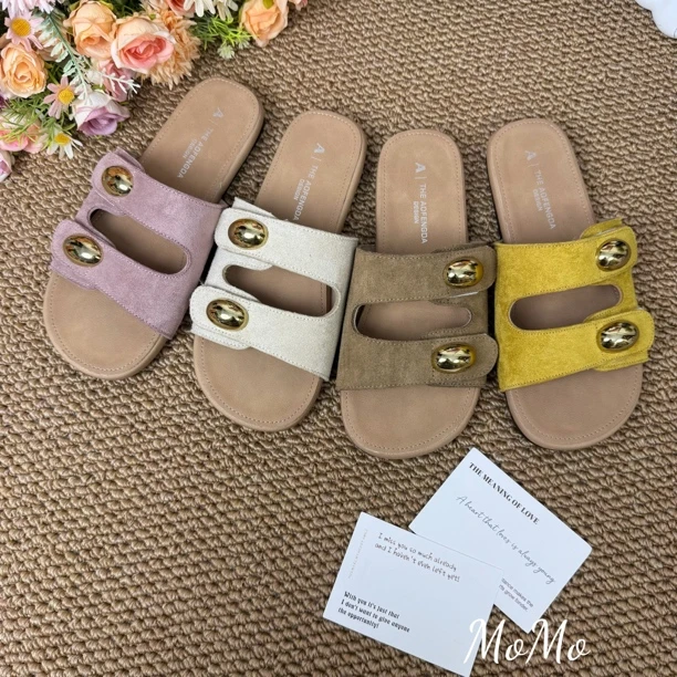 2025夏季新款韩版港风金球魔术贴软底凉拖鞋女外穿沙滩平底一字拖