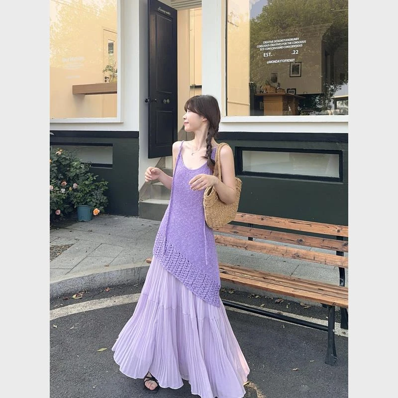 法式度假风紫色不规则针织吊带连衣裙女夏季气质超仙沙滩裙子套装