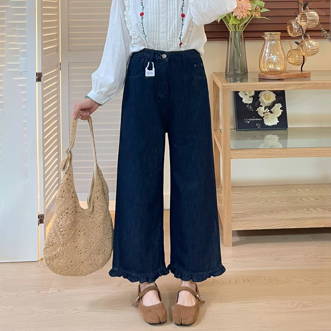 大码微胖mm腿粗显瘦阔腿牛仔裤女秋冬小个子别致木耳边九分直筒裤