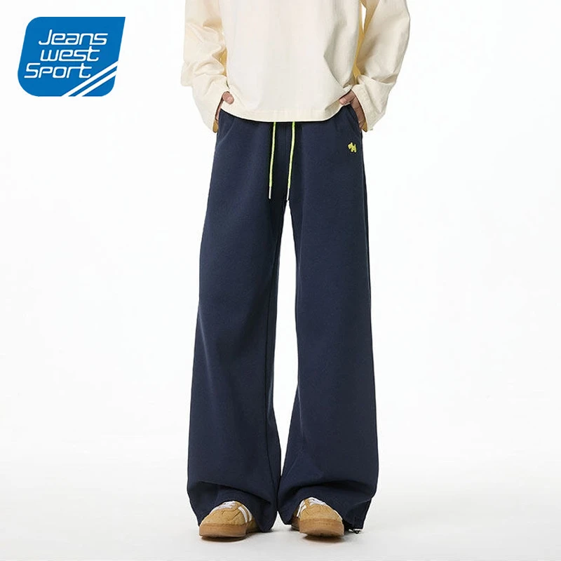 运动真维斯藏青色刺绣裤子男春夏季美式潮牌重磅垂感直筒休闲卫裤