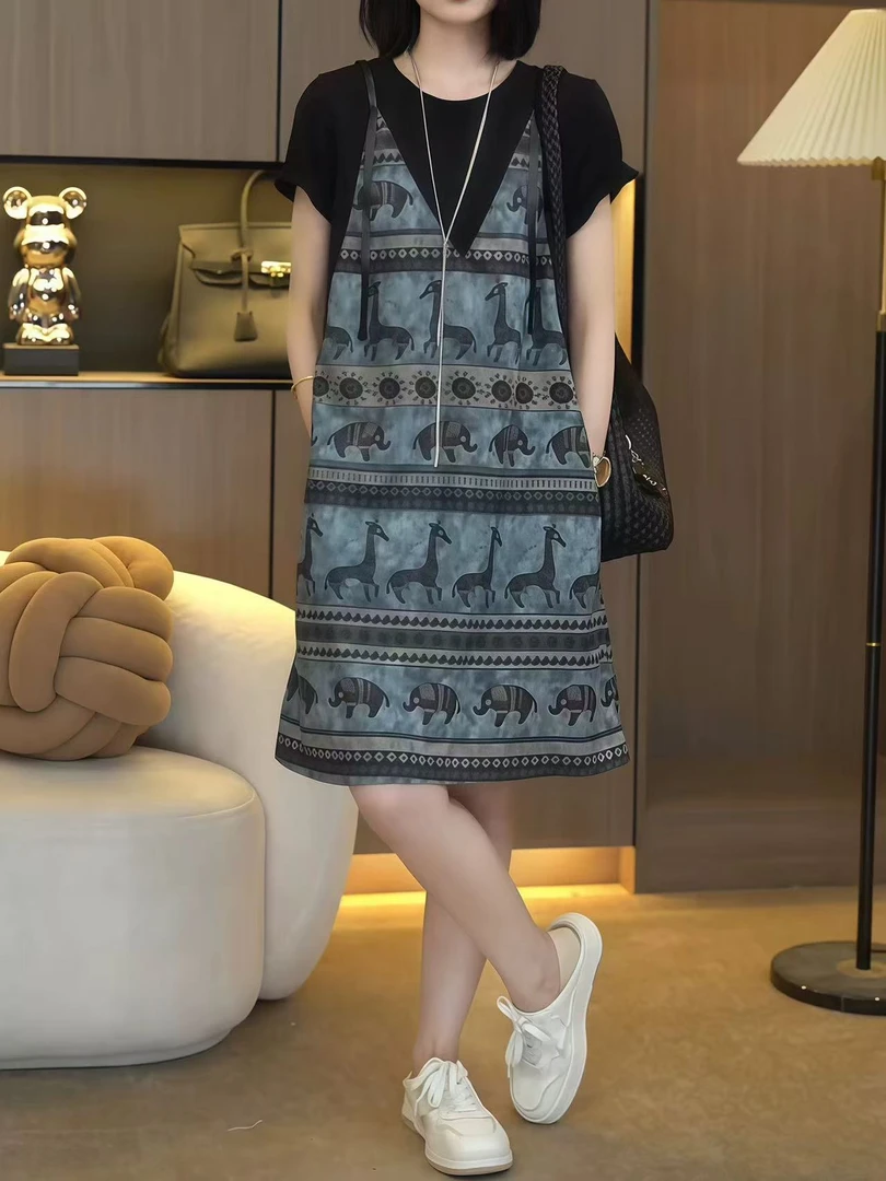 时尚气质复古风假两件连衣裙女~夏季百搭超显瘦撞色长裙（无口袋）