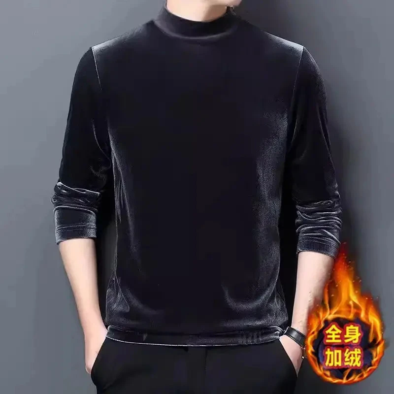 金丝绒卫衣男加绒加厚半高领毛衣秋冬季印花长袖上衣百搭打底衫潮