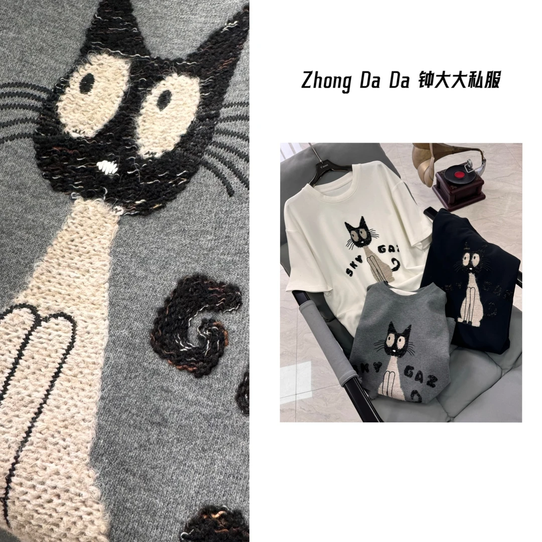ZHONG大大【】刺绣设计猫咪厚款宽松短袖T恤叠穿上衣586*