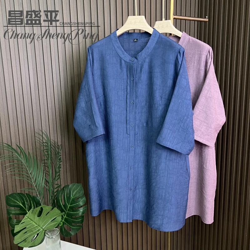 B25116【印花圆领中袖衬衣】春季新款百搭女士衬衫大码加肥