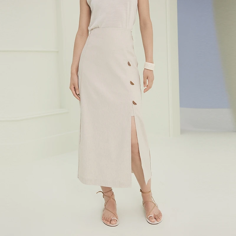 FS优雅卡其色新中式开衩中长半身裙女25夏新款3592A