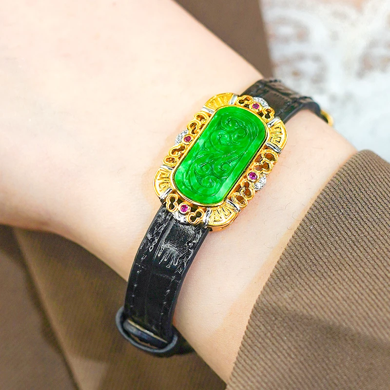 新中式国风雕花工艺银镶嵌天然辣绿翡翠A货椭圆牌手表款手镯