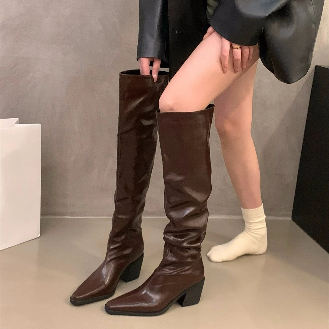 高跟尖头堆堆过膝靴长筒骑士靴女鞋2025新款秋冬季棕色瘦瘦长靴子