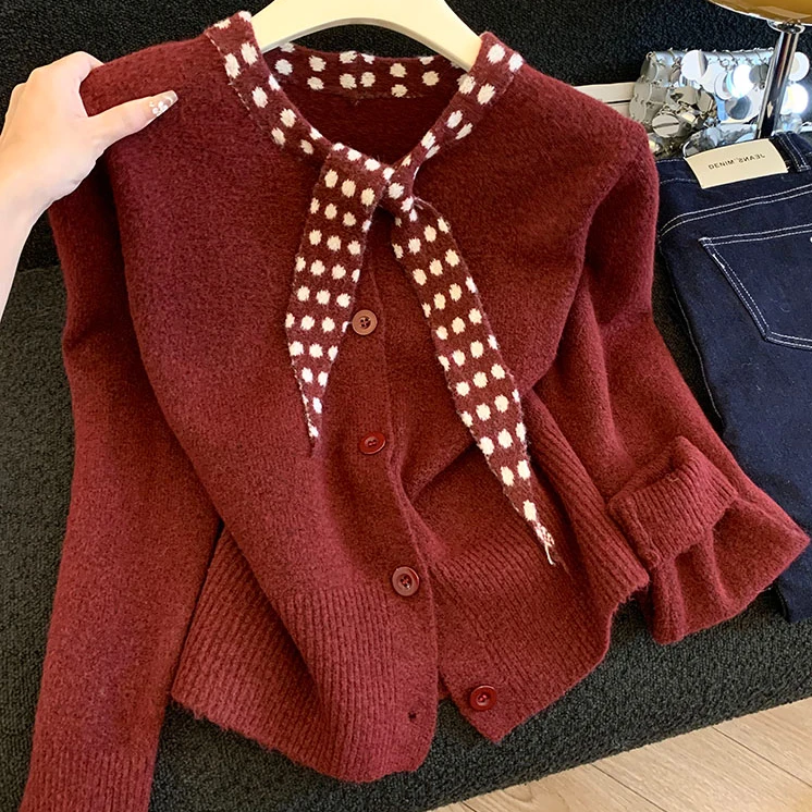 针织毛衣开衫外套女秋冬新款爆款V领丝巾宽松慵懒风长袖上衣