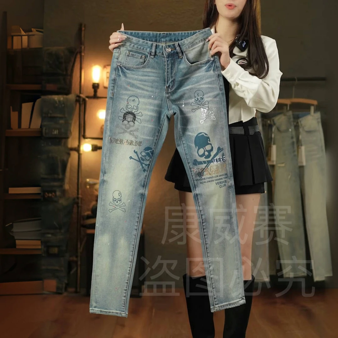 秋季设计师款原创烫钻印花个性图案复古做旧男士牛仔裤高端欧货