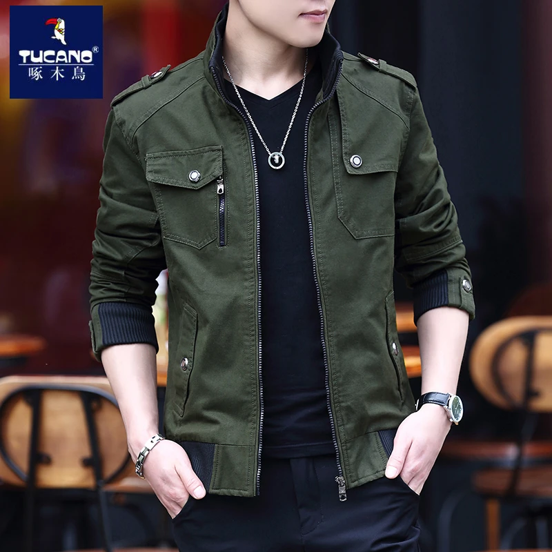 啄木鸟男士秋冬季新款加绒加厚立领休闲夹克外套潮流修身工装上衣