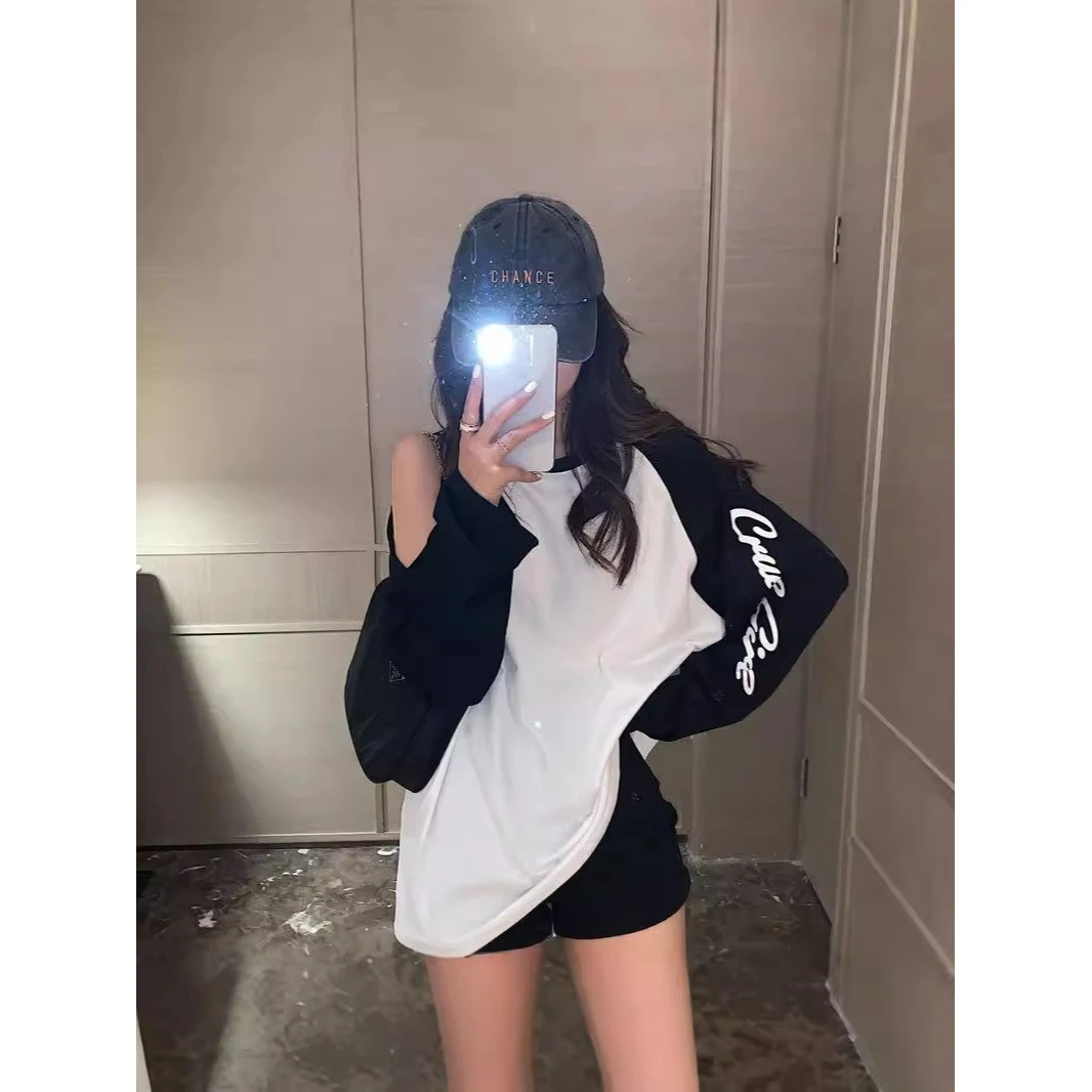 欧美露肩长袖T恤女2025新款韩版宽松慵懒风oversize中长款上衣