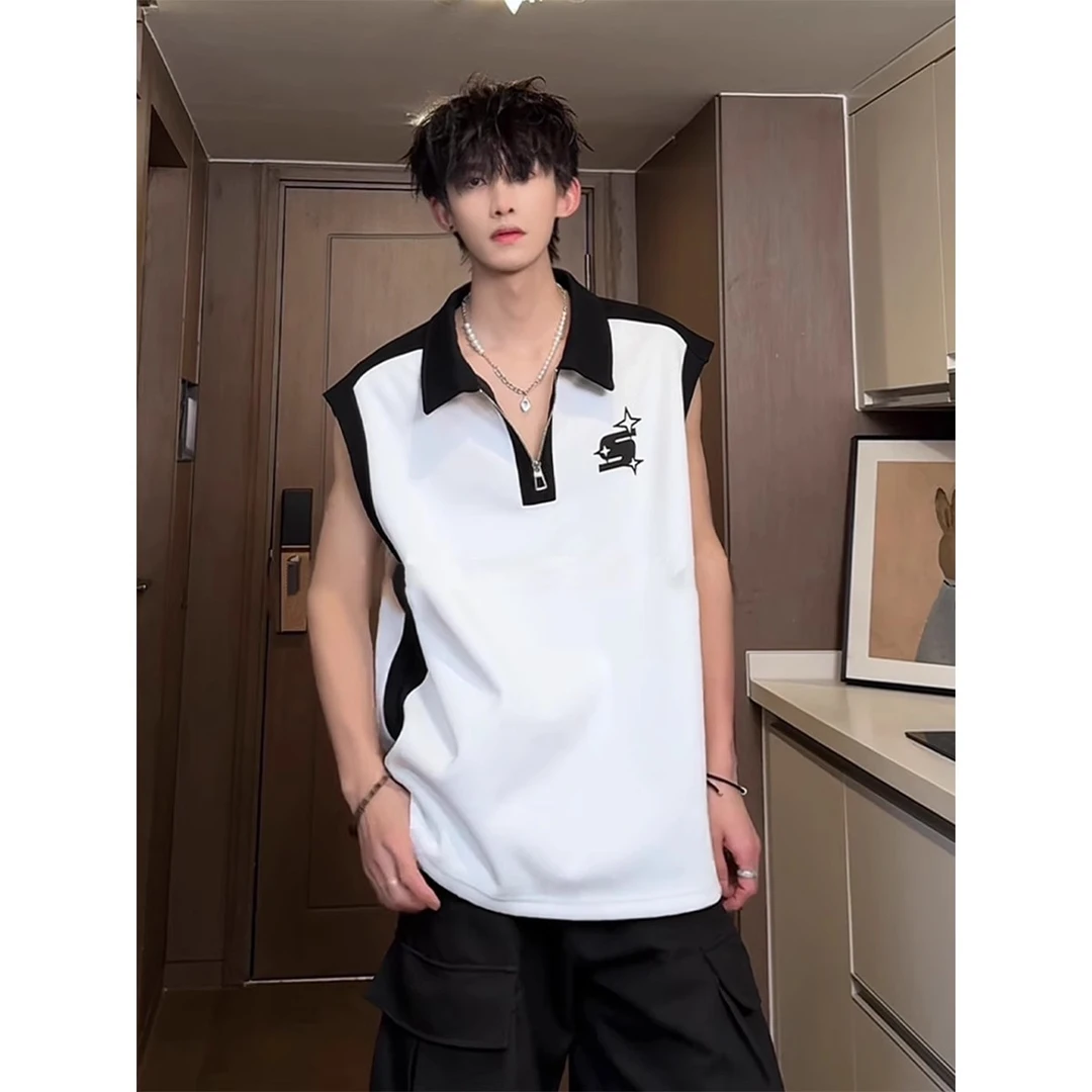 半拉链拼接印花坎肩背心夏季美式重磅翻领男模高级感穿搭无袖t恤