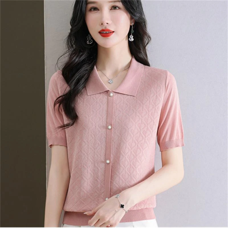 恒源祥彩羊中年女士洋气妈妈装冰丝套头针织衫上衣宽松休闲薄款翻