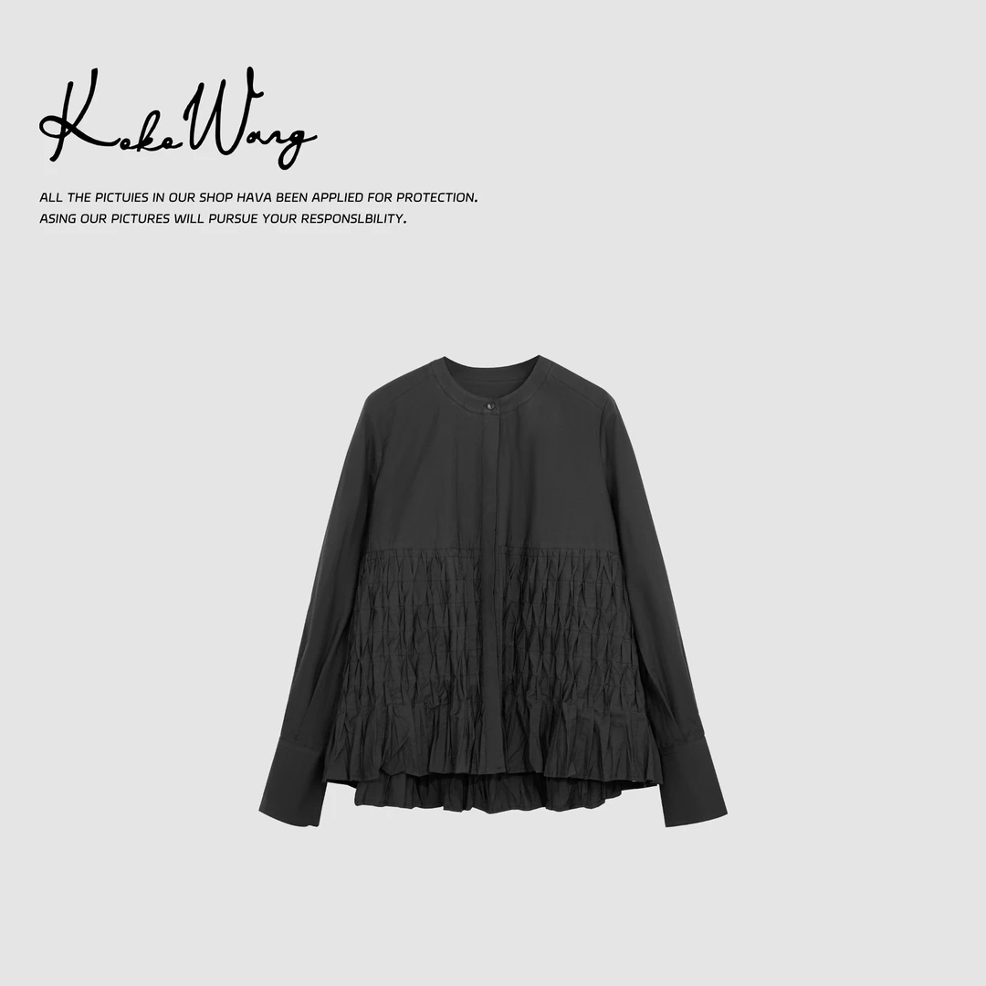 KOKO WANG早春新款高定褶皱匹马棉无领长袖衬衫 412445B13T42