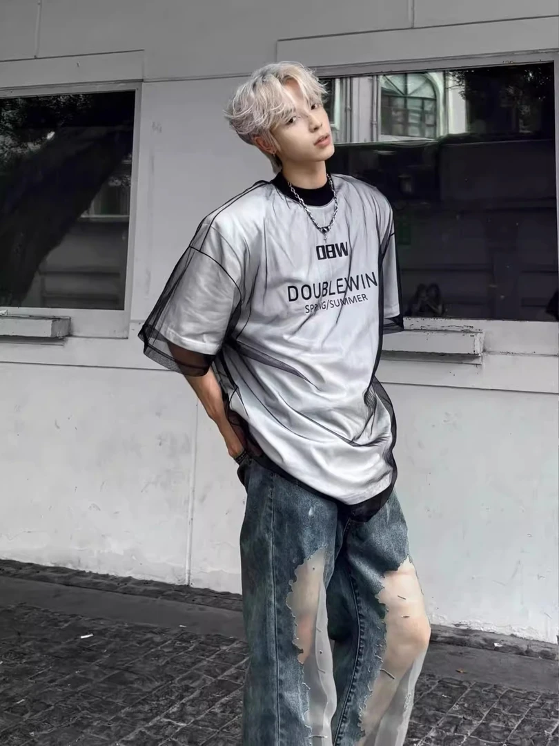 假两件网纱短袖男秋季美式痞帅高级感t恤潮牌设计感小众垫肩半袖