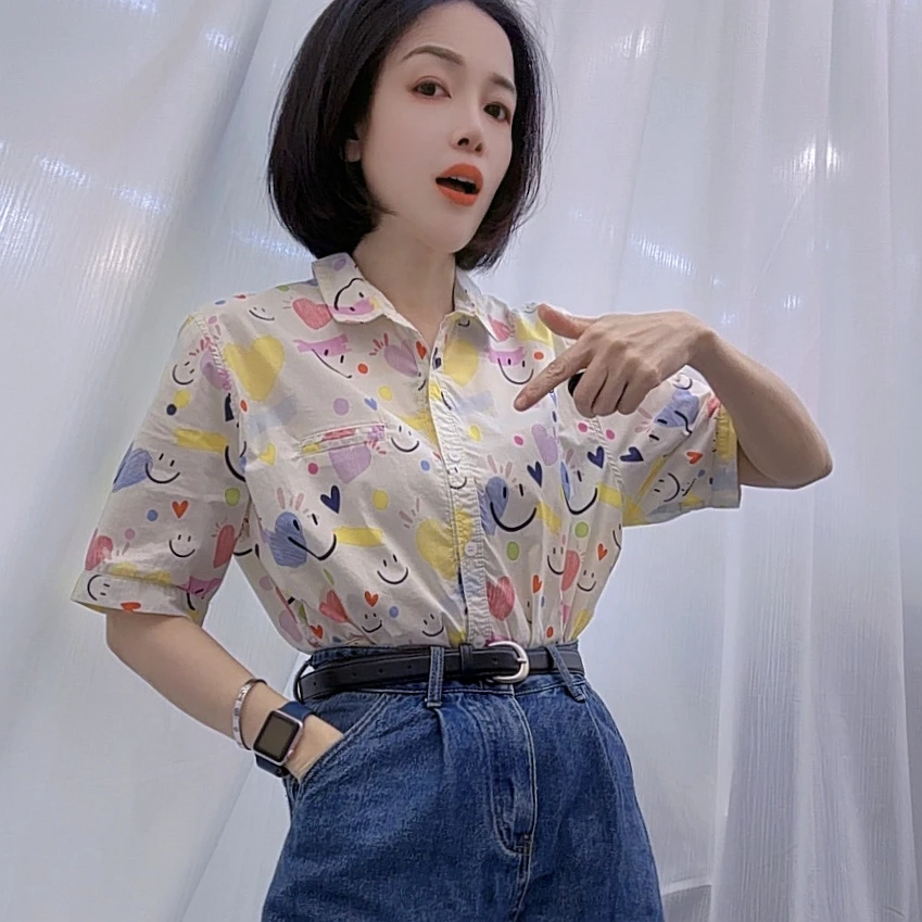 爱心笑脸印花棉衬衫女2025夏新款时尚休闲减龄显瘦百搭短袖衬衣潮