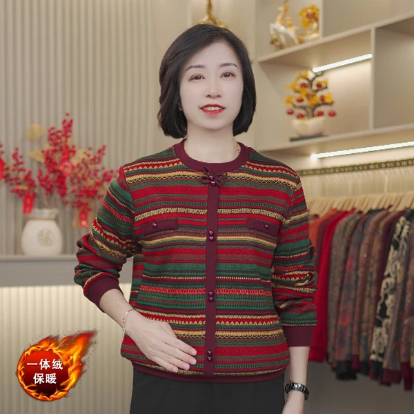 洋气新款时尚风中老年女装冬季加绒气质宽松显瘦条纹圆领妈妈装