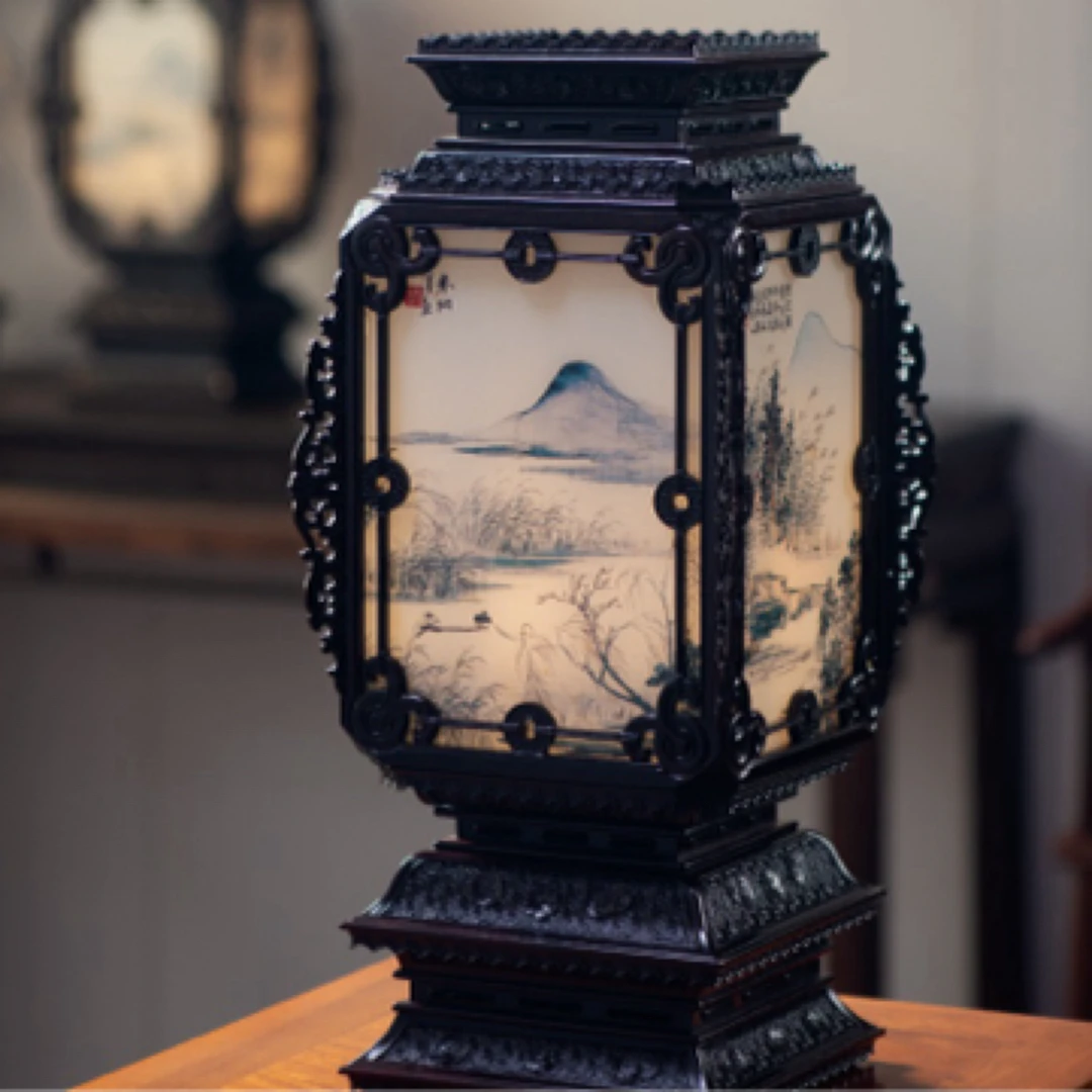 大红酸枝山水宫灯