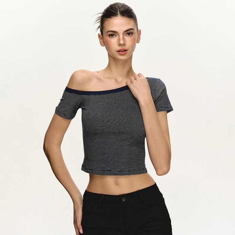 anna aneae条纹斜肩修身短袖t恤女夏季新款辣妹短款性感打底上衣