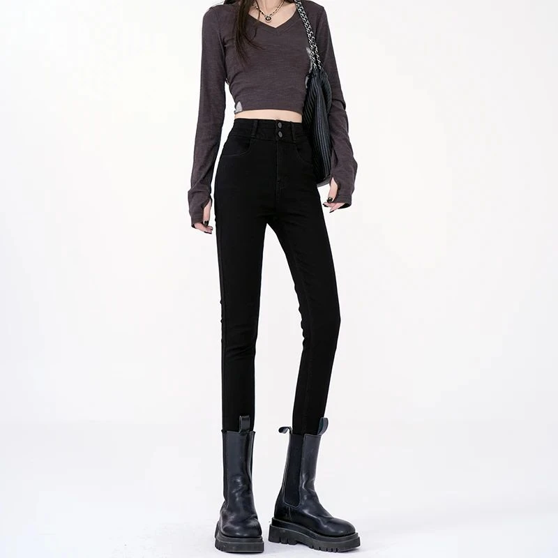 加绒保暖黑色高腰牛仔裤女款2025秋冬新款显瘦紧身铅笔小脚裤子男