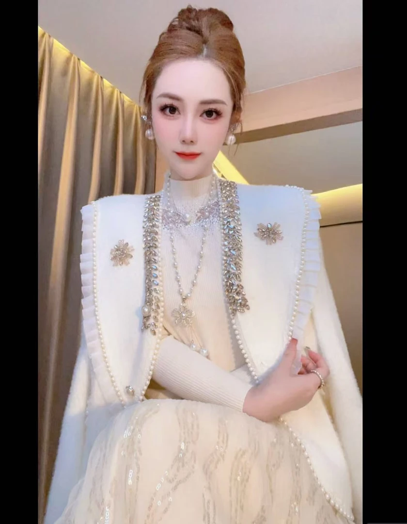 【夜宴】重工钉珠刺绣显瘦气质水毛毛外套女