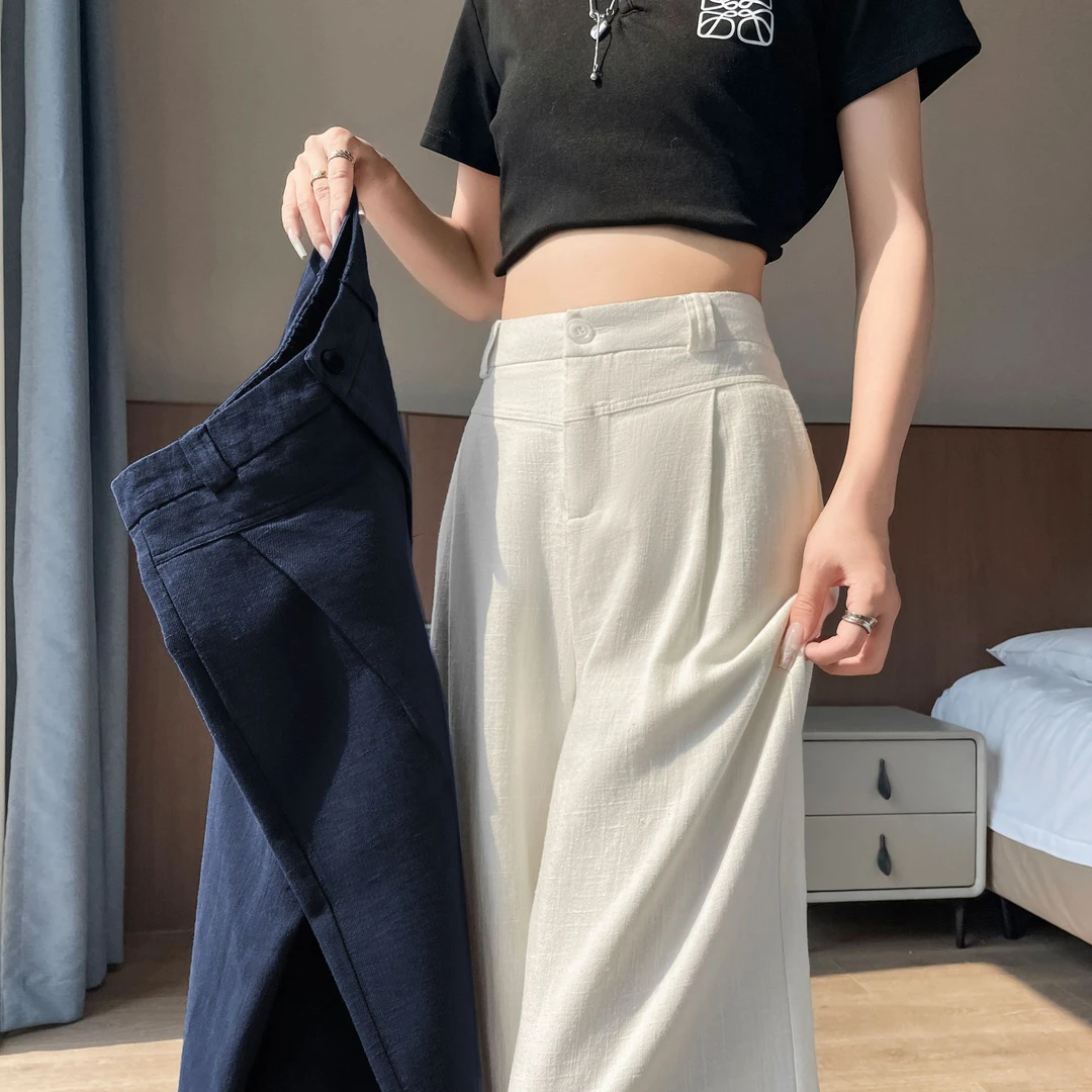 棉麻阔腿裤女2025秋季厚款高腰宽松慵懒老钱风西装直筒休闲裤子