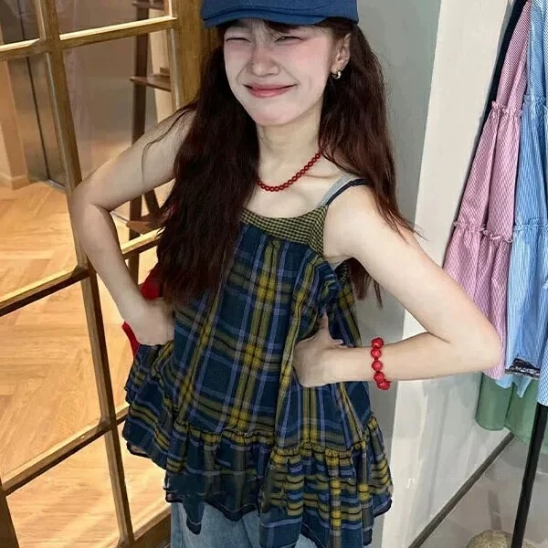 复古格纹吊带连衣裙女夏季2025新款海边度假风宽松显瘦无袖短裙子