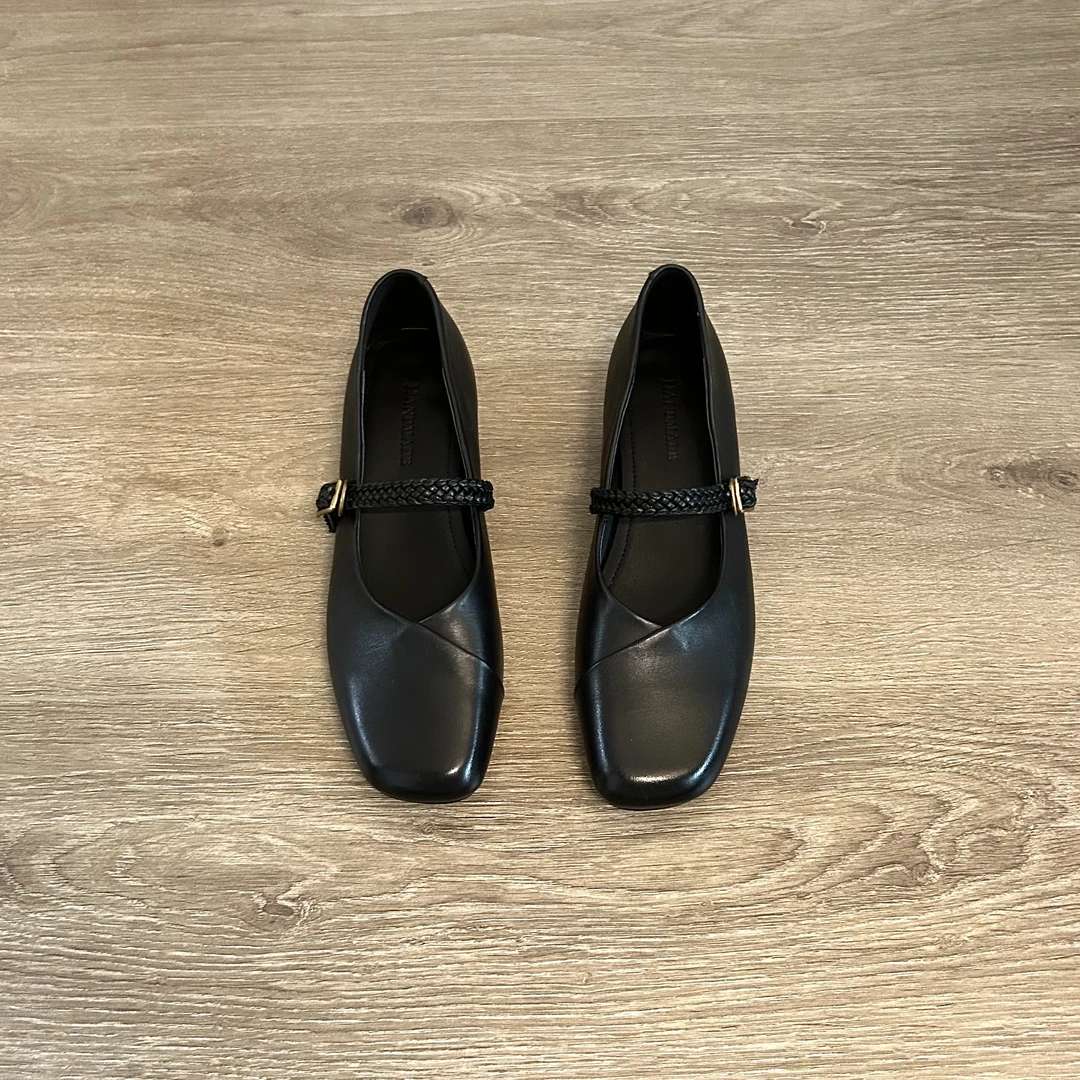 Dannyfrey头层牛皮复古时尚编织方头一字扣浅口百搭真皮女鞋3.5CM