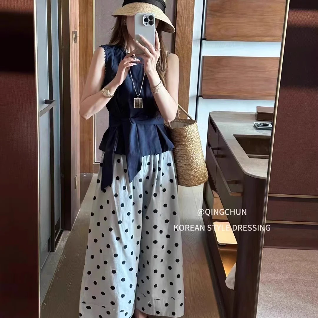 纯欲风极简风休闲时尚套装波点背带夏季背心高腰时尚阔腿裤两件套