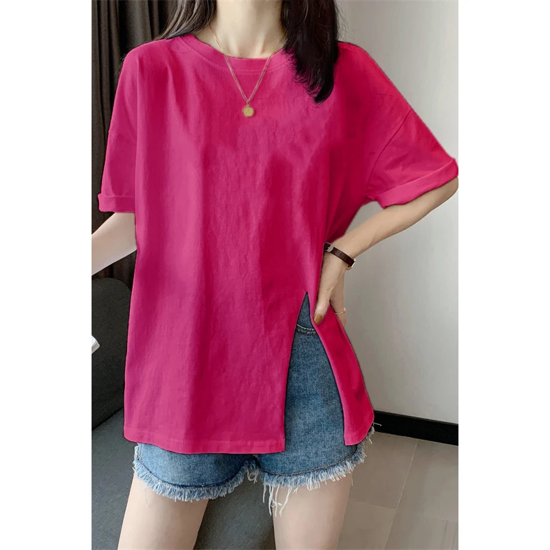 2025时尚百搭舒适夏季新款一侧开叉纯色短袖T恤女宽松设计感上衣