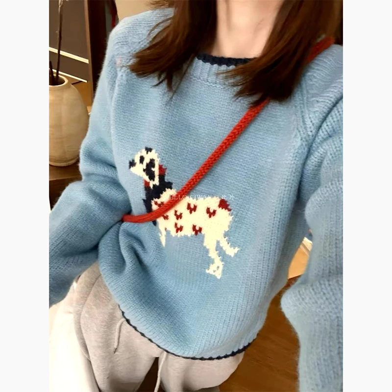 韩系减龄爱心斑点狗提花毛衣女秋季新款洋气百搭叠穿加厚针织衫