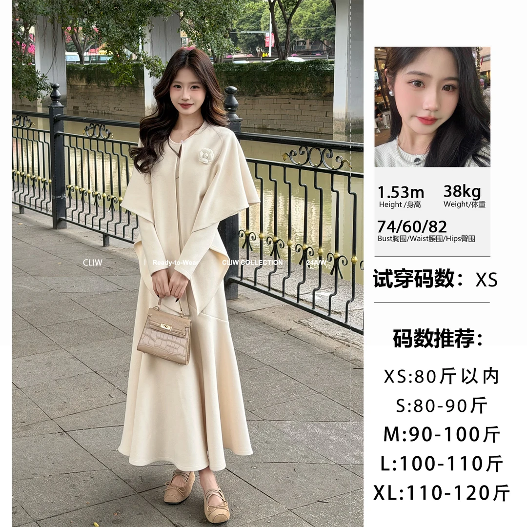 菜菜【雨境漫纱】小个子冬季显瘦显高设计感披肩连衣裙裙子两件套