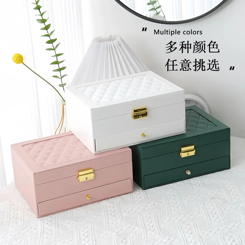 轻奢多层首饰收纳盒带锁耳环耳钉分区大容量办工桌收纳盒精品盒子