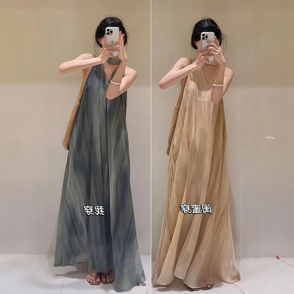 法式v领挂脖无袖连衣裙女夏季大码胖mm度假风漂亮独特飘带长裙子