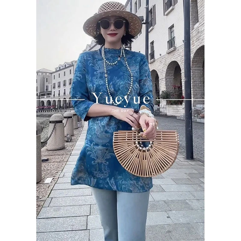 欧洲站2025夏季新款新中式国风精致别致显瘦高级感中长款立领衬衫