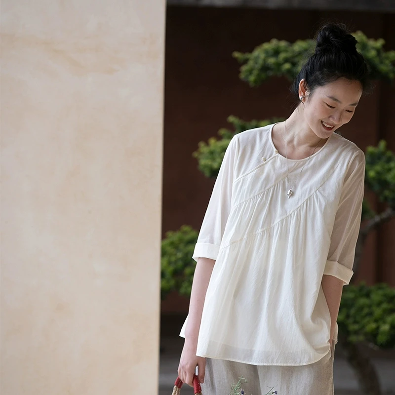 牧衣游原创 80支全棉套头衫新品轻薄通透斜襟白色百搭上衣 江南桂