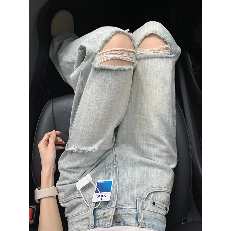 破洞高品质窄版阔腿牛仔裤女2025夏季新款高腰直筒宽松显瘦拖地裤