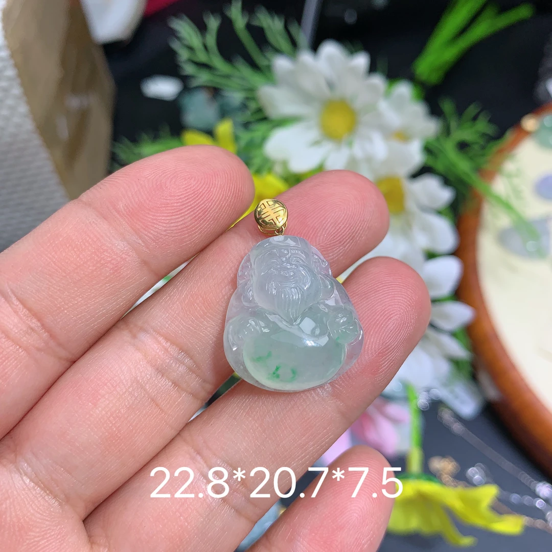 缅甸翡翠A货冰种飘花财神满挂件水润高冰精冰精绿色百搭冰透