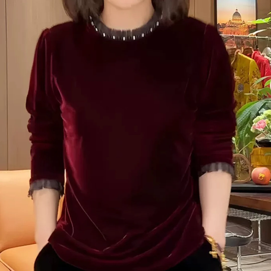 三姐家秋冬重工钉钻丝绒长袖显瘦气质上衣