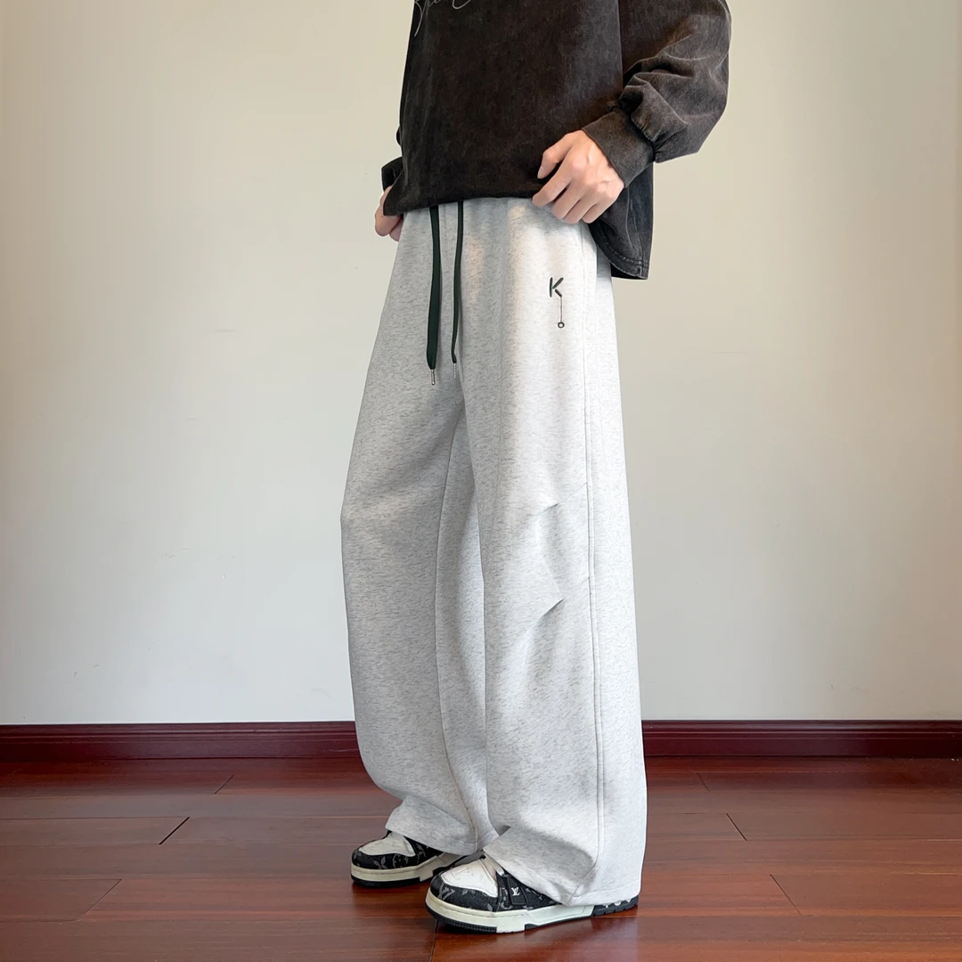 霄桂姿青少年宽松棉质休闲长裤秋季潮流褶皱直筒裤百搭男士卫裤男